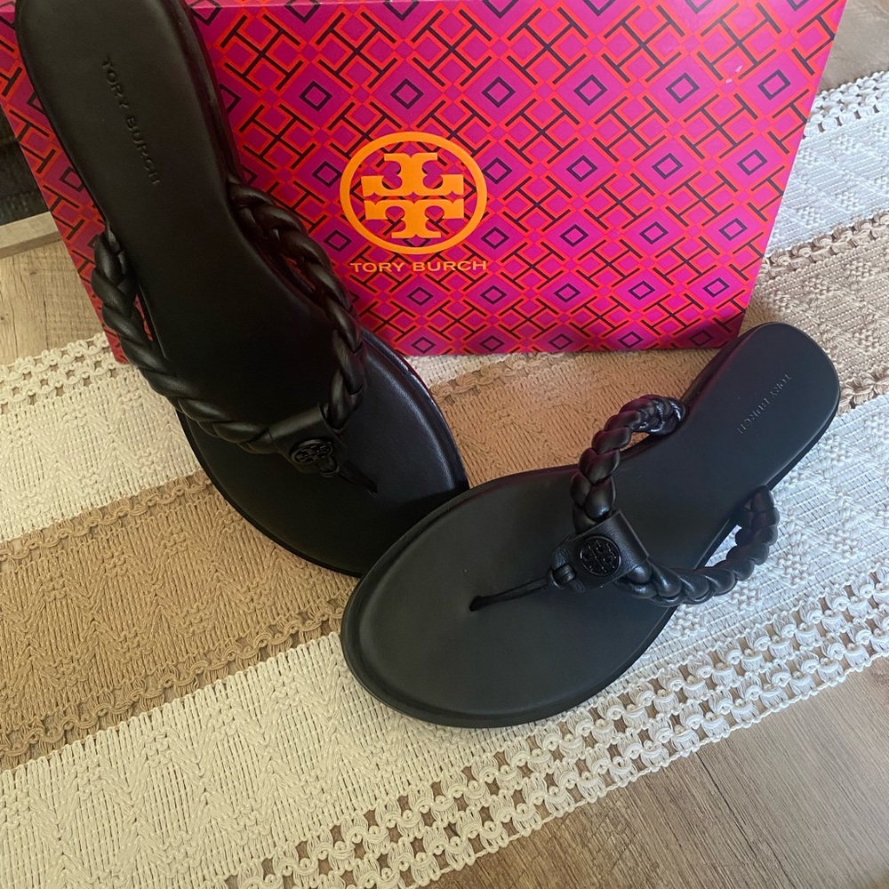 Tory Burch Benton Black Braided Leather Sandals